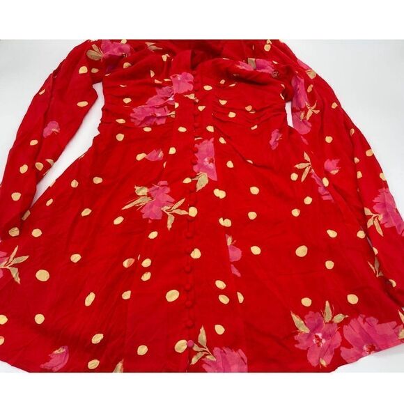 Free People Mini Dress Button Down Long Sleeves V Neck Sz XS Red w Flowers NWOT - Picture 12 of 13